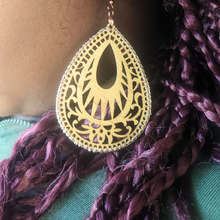 Load image into Gallery viewer, Wooden Fillagree Teardrop Diffuser Earrings with Rose Gold Accent
