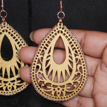 Load image into Gallery viewer, Wooden Fillagree Teardrop Diffuser Earrings with Rose Gold Accent