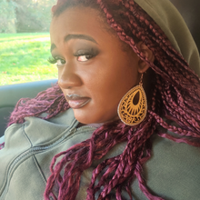 Load image into Gallery viewer, Wooden Fillagree Teardrop Diffuser Earrings with Rose Gold Accent