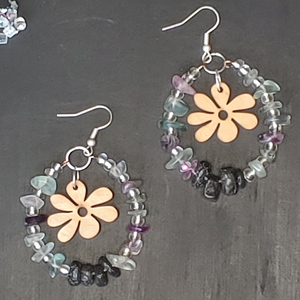 Vintage Wooden Flower Diffuser Earrings/ Sea Green-Amethyst Ombre