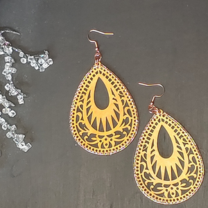 Wooden Fillagree Teardrop Diffuser Earrings with Rose Gold Accent