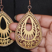 Load image into Gallery viewer, Wooden Fillagree Teardrop Diffuser Earrings with Rose Gold Accent
